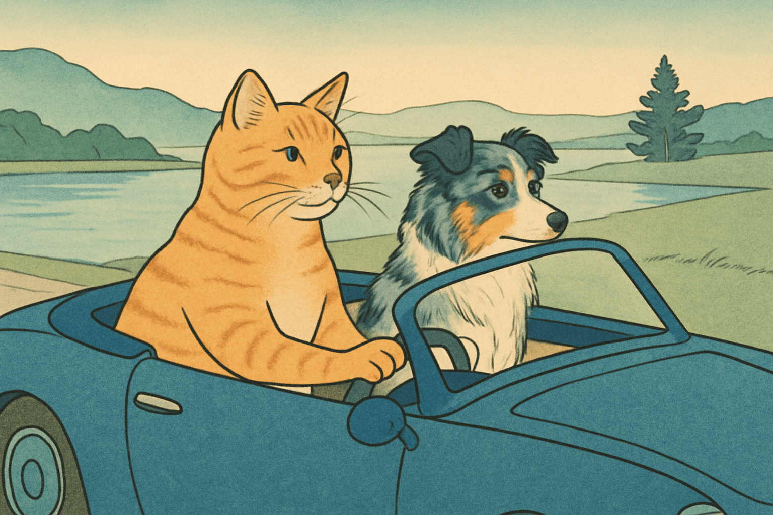 Art movement/medium: Ukiyo-e woodblock print aesthetic; Rendering technique: crisp, flowing outlines with flat, unmodulated color blocks and subtle bokashi gradients; Color palette scheme: serene analogous blues and greens with warm ochre accents; Lighting mood+source: soft, ambient light with even illumination, evoking a tranquil dawn; Texture/material/surface: delicate paper grain with subtle ink bleed and visible woodblock texture; Compositional approach: asymmetric balance with strong diagonal elements and a sense of depth through overlapping planes; inspired by traditional Japanese woodblock art
Model: openai:gpt-image-1