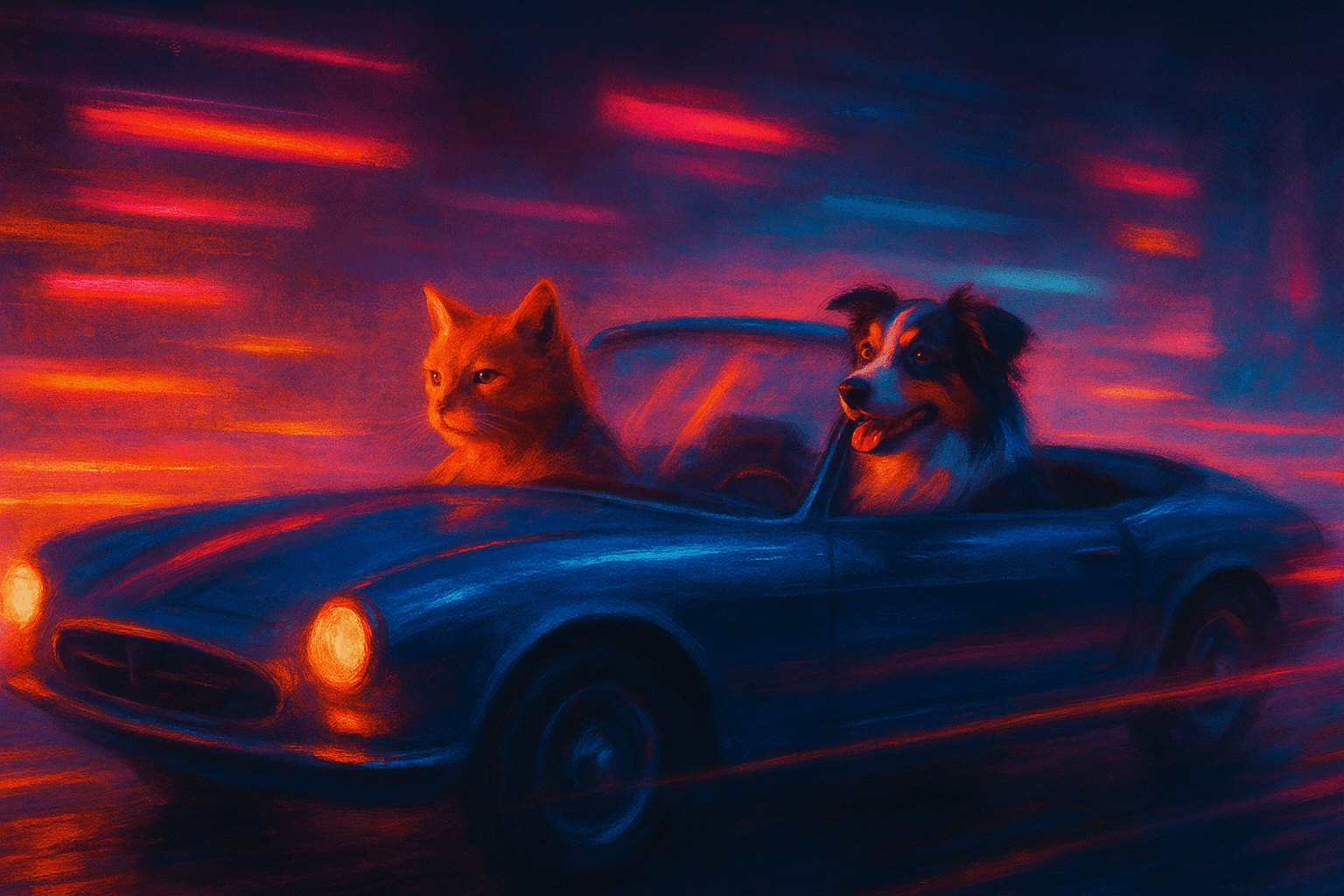 Neon Horizon Noir: directional, high-contrast lighting with moody ambience; volumetric glow and subtle haze; painterly digital rendering with crisp edges; bold, complementary color theory and synthetic grain; dynamic perspective with shallow DOF; glassy reflections and specular highlights; motion cues via light trails to imply speed; abstracted light behavior inspired by impressionist practice; cinematic composition and camera-aware framing
Model: openai:gpt-image-1