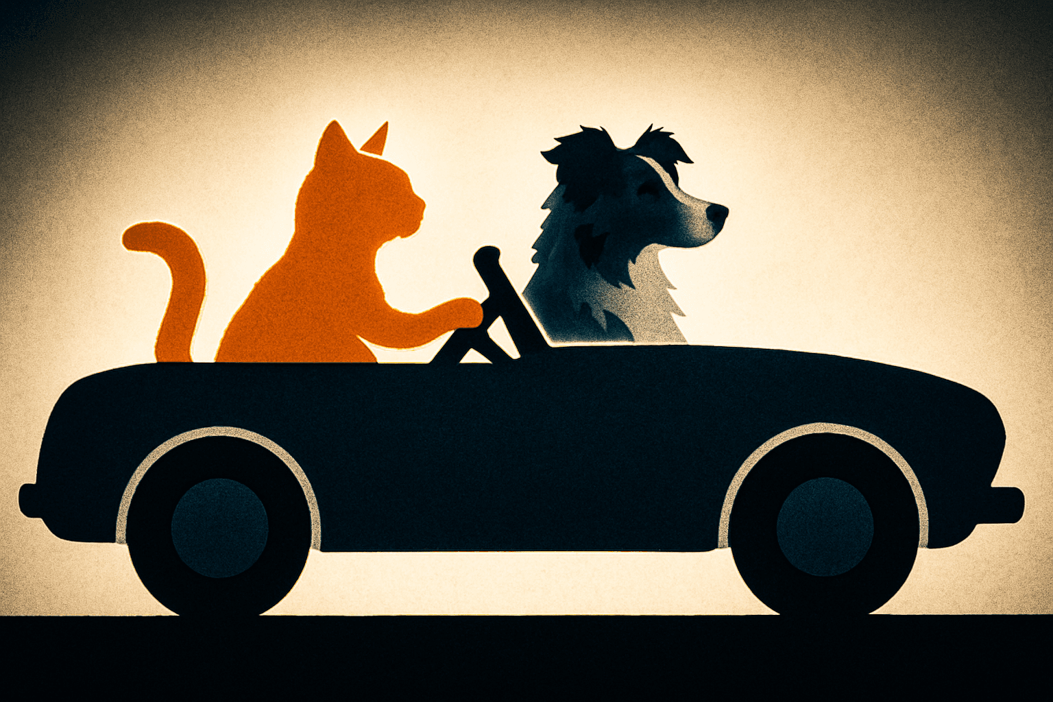 Shadow-theatre inspired high-contrast silhouette aesthetic; crisp vector-cut edges with layered negative space; monochrome palette with a single warm accent; dramatic strong backlighting creating bold rim glow and pure shadows; matte paper grain surface; sparse, centered composition emphasizing shape and rhythm
Model: openai:gpt-image-1