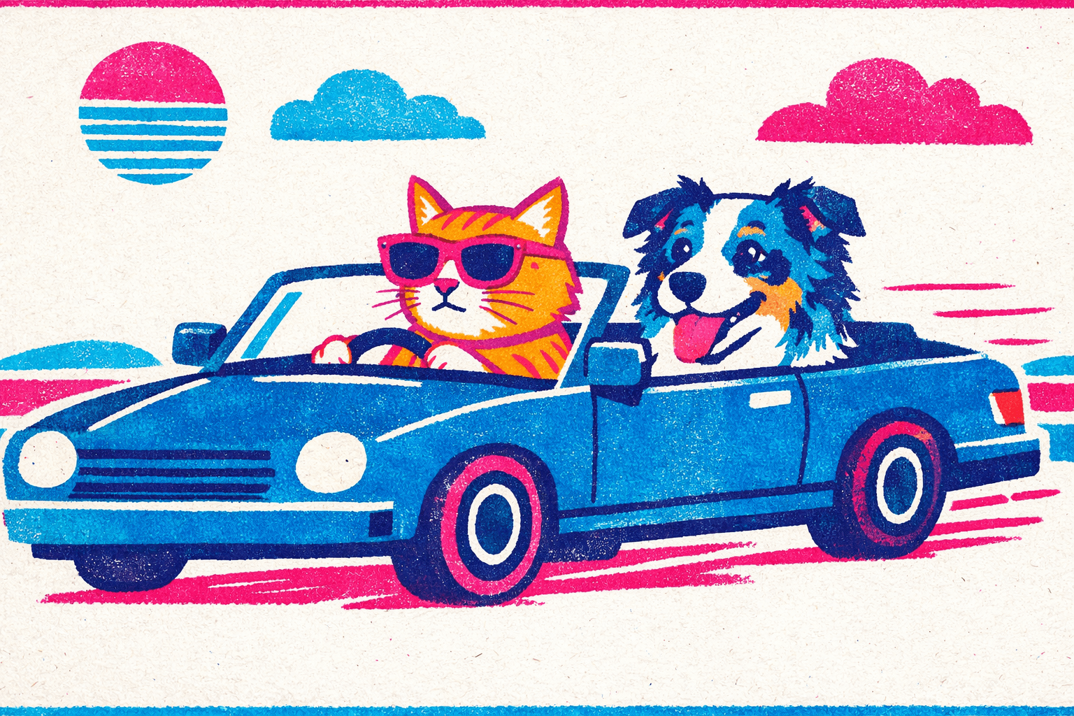 Risograph printmaking aesthetic with layered halftone textures; limited spot-color palette featuring bold magenta and cyan; flat, even lighting with minimal shading; rough, organic paper textures with visible ink bleed; high-contrast graphic forms with minimal detail; balanced, grid-based composition with a sense of handmade craft; inspired by indie zine culture and DIY printmaking techniques
Model: openai:gpt-image-1.5