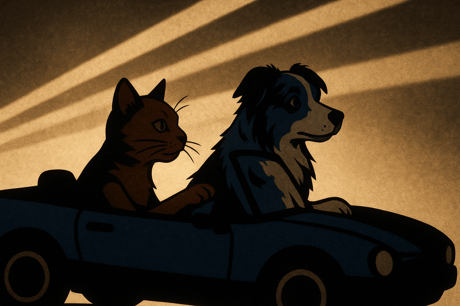 Art movement/medium: shadow puppet theatre aesthetic; Rendering technique: layered, flat, opaque silhouettes with crisp edges and subtle depth; Color palette scheme: monochromatic or duotone with high contrast, minimal saturation, and strong value shifts; Lighting mood + source: dramatic backlighting creating sharp, elongated shadows and strong rim light effects; Texture/material/surface: matte, slightly textured paper or fabric surface; Compositional approach: dynamic, multi-layered composition creating a sense of theatrical depth and narrative flow
Model: openai:gpt-image-1-mini