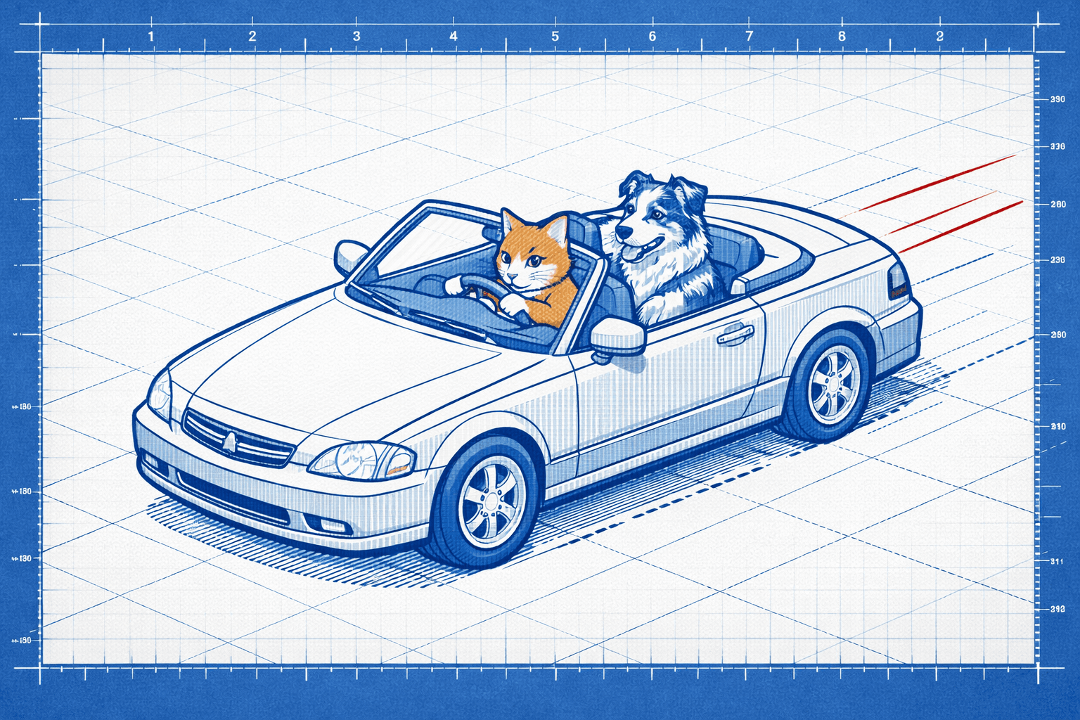 Art movement/medium: technical blueprint drawing aesthetic; Rendering technique: precise, clean lines with orthogonal projection and subtle dashed annotations; Color palette scheme: stark monochromatic blue and white with minimal red accent lines; Lighting mood + source: flat, even overhead illumination for clarity; Texture/material/surface: smooth, matte surface with a slight paper-like texture; Compositional approach: isometric perspective with clear spatial relationships and measured grid lines; inspired by architectural schematics and technical illustrations
Model: openai:gpt-image-1.5