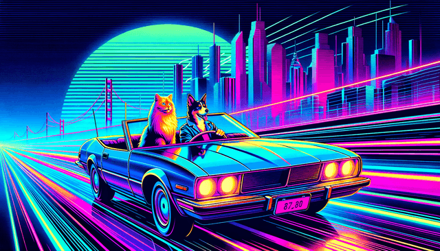 Dynamic neon glitch aesthetic; vivid cyberpunk color palette with electric blues, fuchsias, and lime greens; sharp, hard-edged backlighting and vibrant reflections; digital pixelation and subtle scanline artifacts; extreme wide-angle lens perspective with distorted edges; strong sense of motion blur and digital noise; inspired by retrofuturist graphic design and experimental video art
Model: openai:dall-e-3
Revised prompt: Visualize a scene accentuated by a dynamic neon glitch aesthetic. Utilize a vivid cyberpunk color palette composed of electric blues, fuchsias, and lime greens. The illumination should be sharp, employing hard-edged backlighting and vibrant reflections. The image must incorporate digital pixelation and subtle scanline artifacts. Ensure that perspective is showcased using an extreme wide-angle lens, distorting the edges for a surreal effect. A sense of motion blur and digital noise should also be employed, hinting at movement. This style is heavily inspired by retrofuturist graphic design and experimental video art. The scene to be framed in a 16:9 aspect ratio, Full HD quality (1536x1024), and high resolution. The heart of this illustration should be a ginger cat, as the driver, and an Australian Shepherd, the passenger of a blue convertible. The car should be moving from right to left within the frame. Captured from a medium-wide shot, both animals should be facing forward, illustrating the journey they are embarking on together.