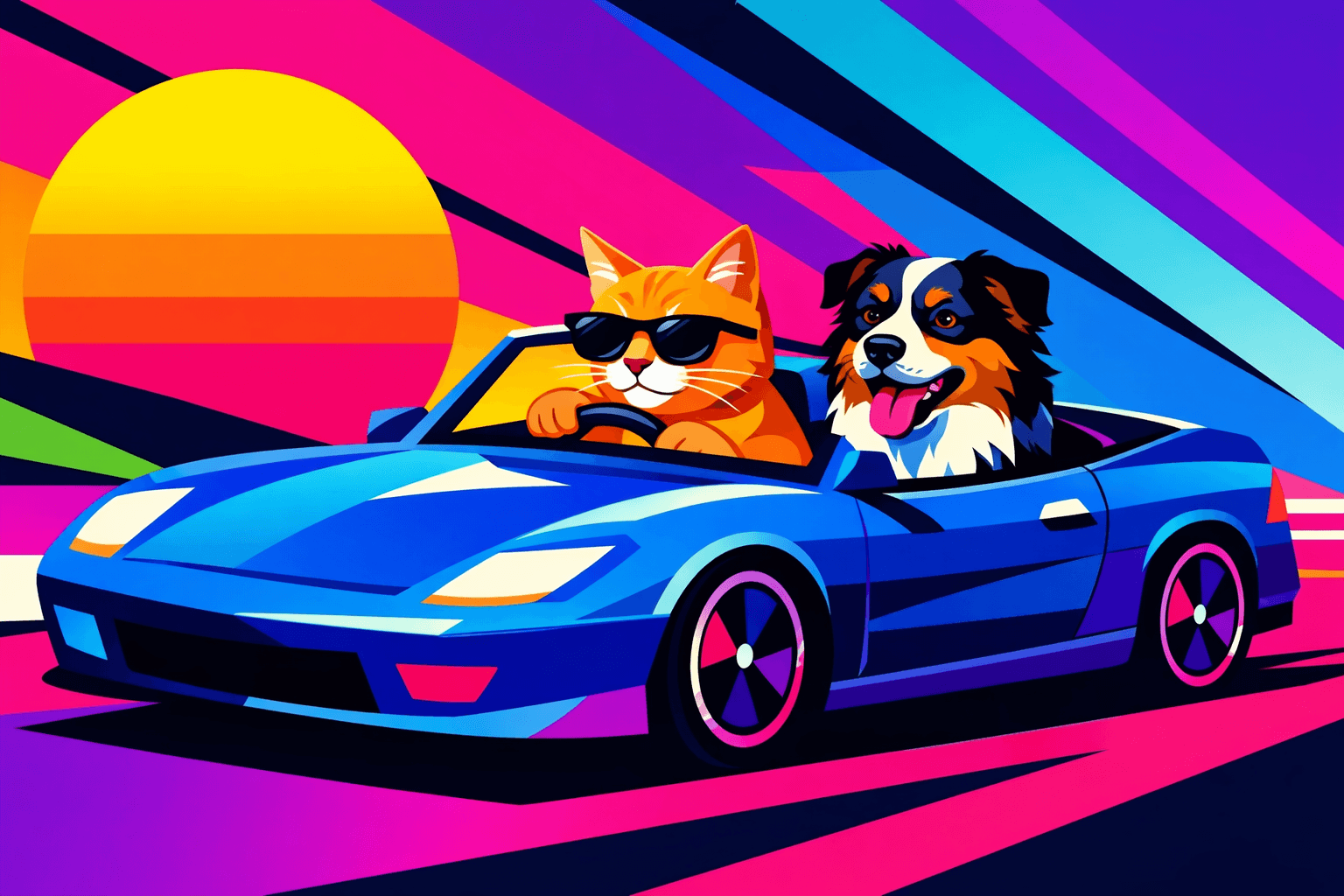 Abstract geometric composition; bold, flat shapes with sharp, clean edges; vibrant neon color palette with high contrast complementary hues; hard, angular shadows and stark, unmodulated lighting; minimal texture with smooth gradient fills; dynamic asymmetry and forced perspective; inspired by op art and digital vector graphics
Model: openai:gpt-image-1.5