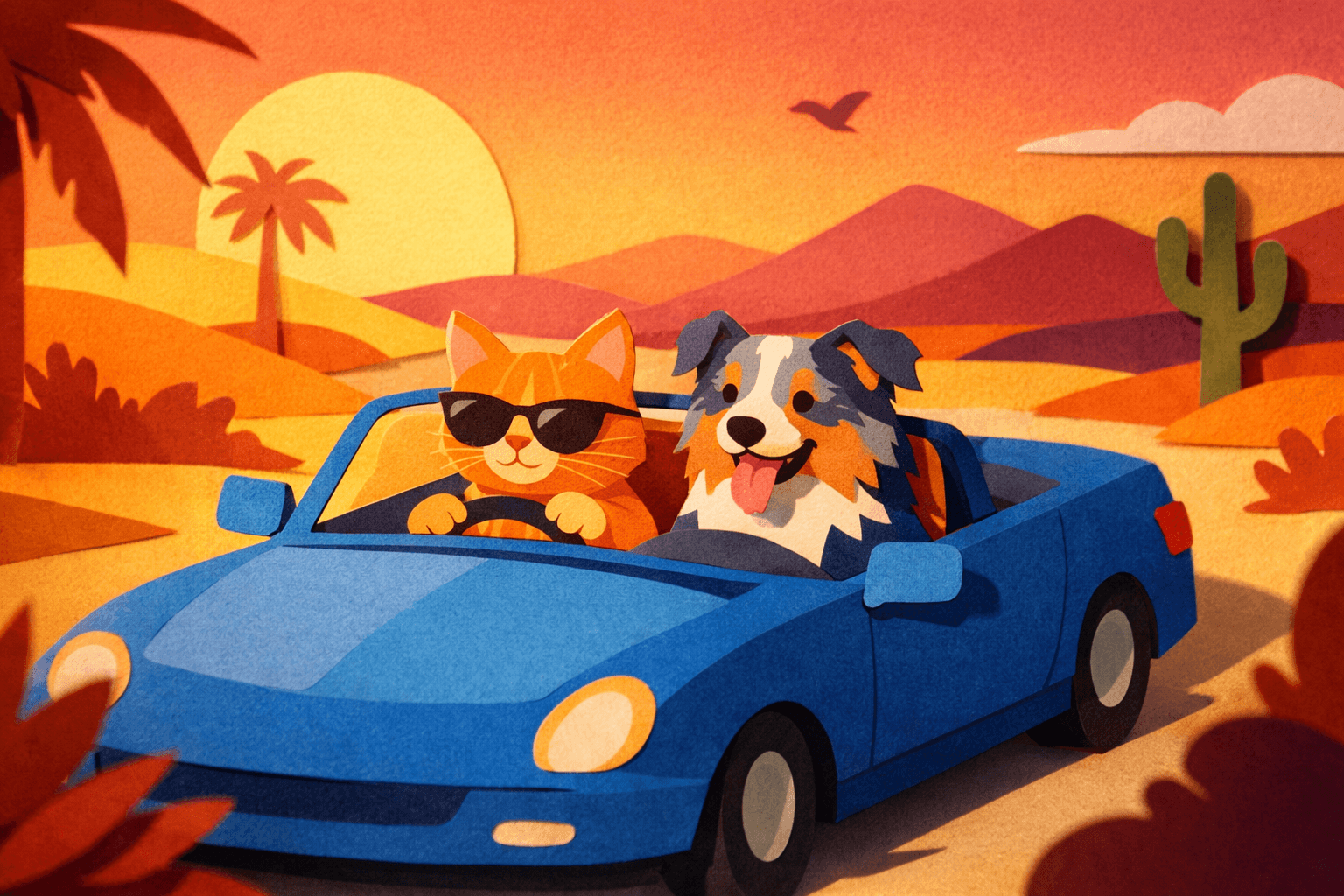 Art movement/medium: paper cutout diorama aesthetic; Rendering technique: crisp, layered silhouettes with sharp edges and minimal internal detail; Color palette scheme: vibrant analogous hues with subtle complementary accents; Lighting mood + source: soft, directional light casting distinct, clean shadows; Texture/material/surface: matte, textured paper surface with visible fiber and slight dimensional relief; Compositional approach: shallow depth of field with foreground, midground, and background layers creating visual depth through overlap; inspired by traditional papercraft and contemporary illustration
Model: openai:gpt-image-1.5