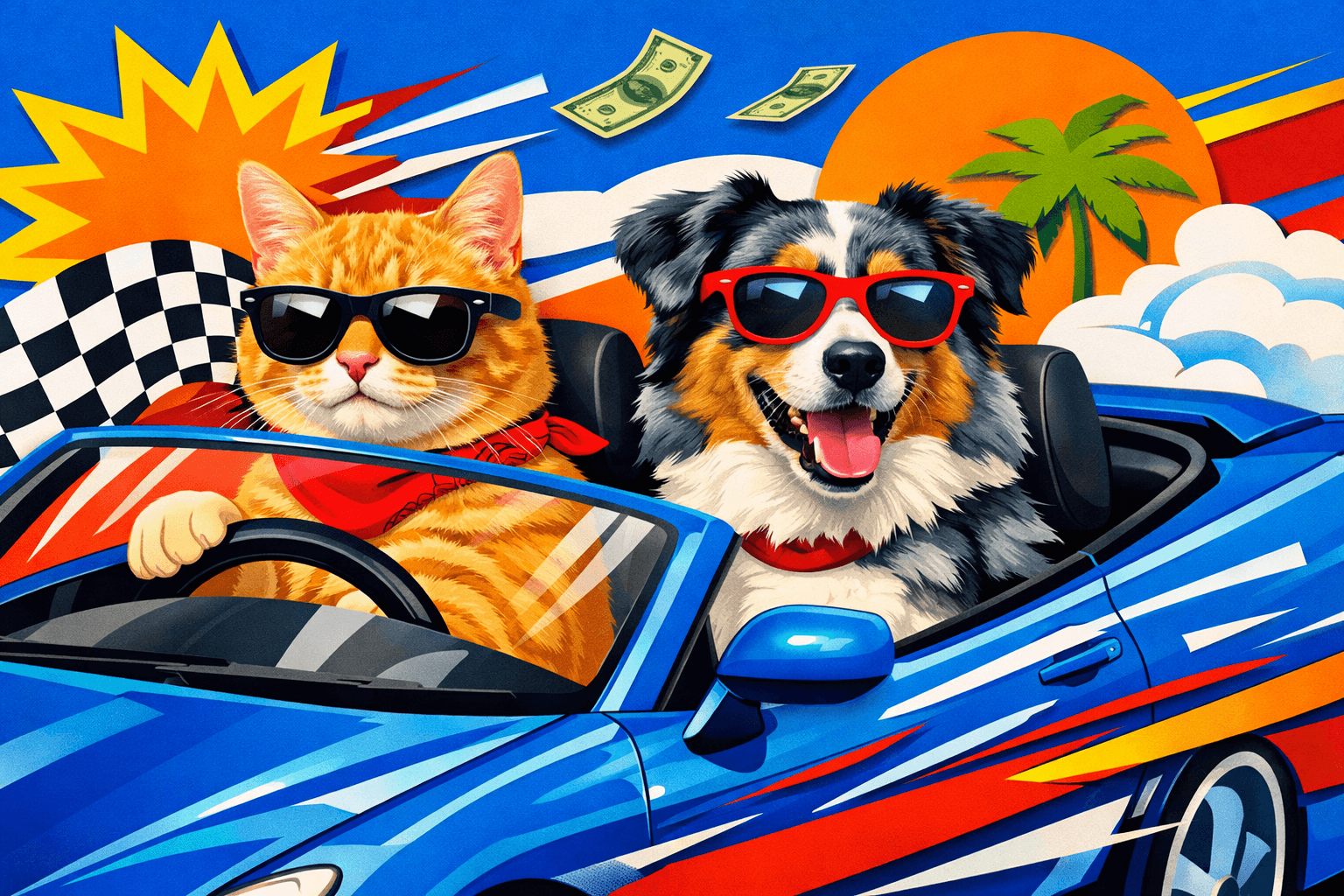 Art movement/medium: digital collage aesthetic; Rendering technique: layered cutouts with sharp edges and subtle drop shadows; Color palette scheme: bold complementary colors with high saturation; Lighting mood + source: flat, even lighting with minimal shadows; Texture/material/surface: smooth, glossy surfaces with reflective highlights; Compositional approach: dynamic, overlapping arrangements with a sense of depth and movement; inspired by contemporary graphic design and pop art
Model: openai:gpt-image-1.5