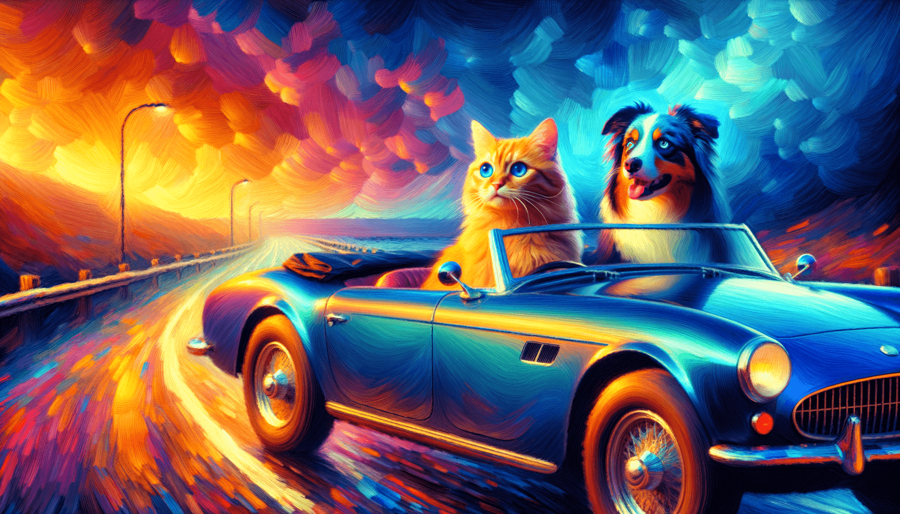 Velvet dusk motion painting; soft, diffuse lighting with a cool-to-warm gradient; painterly digital rendering with restrained edge fidelity; volumetric haze; abstracted light behavior inspired by impressionist practice; bold color theory with complementary tensions; dynamic perspective with intentional motion cues; glassy reflections and specular highlights; cinematic composition and camera-aware framing
Model: openai:dall-e-3
Revised prompt: Create a digital, impressionist-inspired painting in a 16:9 aspect ratio, with Full HD quality (1536x1024) featuring vibrant, bold colors and a dynamic perspective. The painting should evoke a sense of motion and should be set at dusk with a cool-to-warm gradient in the lighting, creating a velvet-like texture in the scene. Light should be abstracted, adding a soft, diffuse quality to the elements, and putting an emphasis on glassy reflections and specular highlights. This scenery should feature a medium-wide shot of a ginger cat, driving a blue convertible from right to left, with an Australian Shepherd as the passenger. Both animals are facing forward, ready for their adventure.