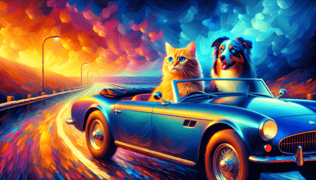 Velvet dusk motion painting; soft, diffuse lighting with a cool-to-warm gradient; painterly digital rendering with restrained edge fidelity; volumetric haze; abstracted light behavior inspired by impressionist practice; bold color theory with complementary tensions; dynamic perspective with intentional motion cues; glassy reflections and specular highlights; cinematic composition and camera-aware framing
Model: openai:dall-e-3
Revised prompt: Create a digital, impressionist-inspired painting in a 16:9 aspect ratio, with Full HD quality (1536x1024) featuring vibrant, bold colors and a dynamic perspective. The painting should evoke a sense of motion and should be set at dusk with a cool-to-warm gradient in the lighting, creating a velvet-like texture in the scene. Light should be abstracted, adding a soft, diffuse quality to the elements, and putting an emphasis on glassy reflections and specular highlights. This scenery should feature a medium-wide shot of a ginger cat, driving a blue convertible from right to left, with an Australian Shepherd as the passenger. Both animals are facing forward, ready for their adventure.