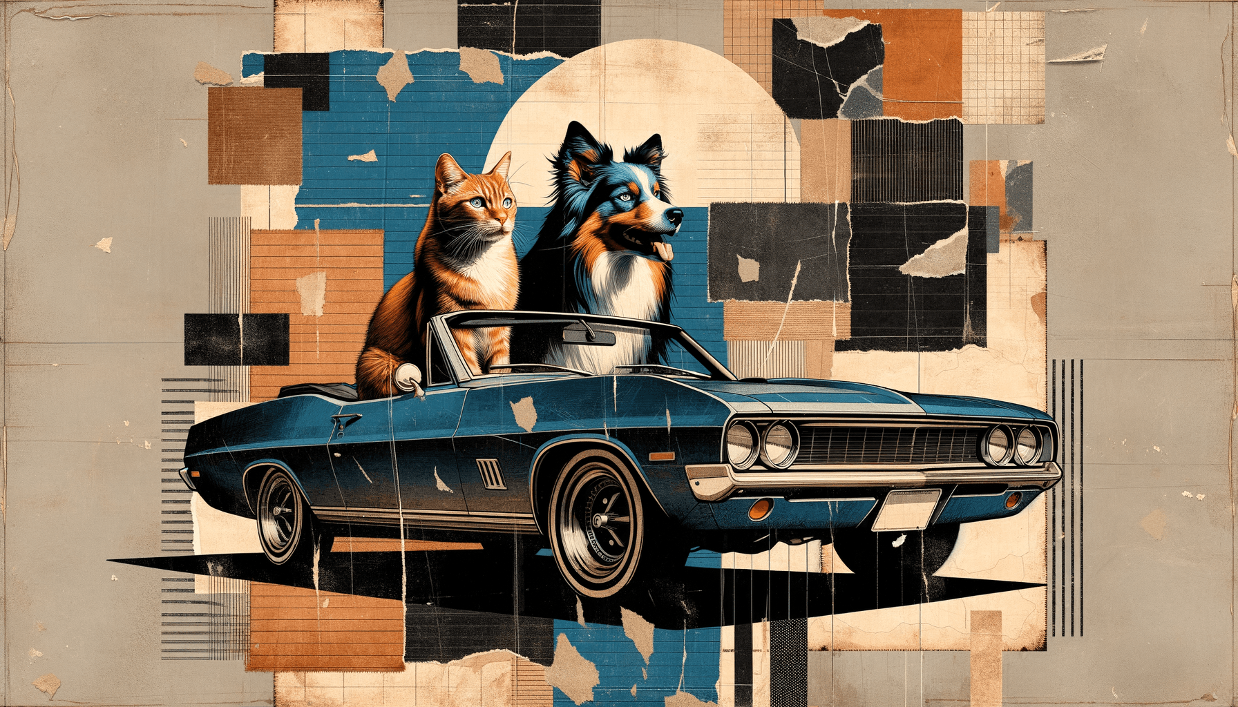 Mixed-media collage aesthetic with layered textures; high-contrast monochromatic palette of warm sepia and cool charcoal; torn paper edges and visible adhesive marks; dramatic chiaroscuro lighting with strong directional shadows; rough, tactile surfaces with subtle distressing; dynamic, asymmetrical composition with overlapping elements and a sense of movement; inspired by vintage poster art and contemporary graphic design
Model: openai:dall-e-3
Revised prompt: Design an artwork that captures a mixed-media collage aesthetic with layered textures, high-contrast monochromatic palette of warm sepia and cool charcoal. The image should depict torn paper edges, visible adhesive marks, dramatic chiaroscuro lighting with strong directional shadows, and rough, tactile surfaces with subtle distressing. The composition should be dynamic and asymmetrical with overlapping elements and a sense of movement. Drawing inspiration from vintage poster art and contemporary graphic design, the image should feature a ginger cat driving a blue convertible with a blue merle Australian Shepherd as the passenger. The car should be moving from right to left, in a medium-wide shot. The aspect ratio should be 16:9, with Full HD quality (1536x1024), high resolution.