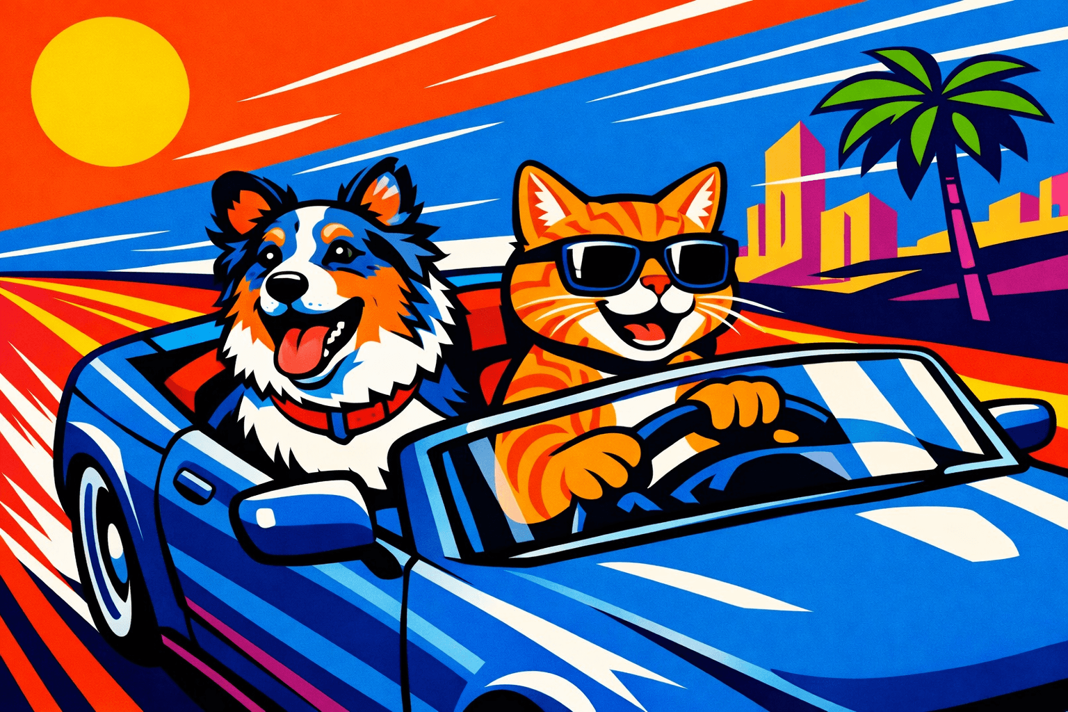 Surreal pop-art aesthetic with bold graphic outlines; vibrant complementary color blocking; high-contrast flat lighting with minimal shading; smooth, glossy surfaces and sharp geometric forms; exaggerated perspective with forced depth; dynamic, energetic composition with playful asymmetry; inspired by retro-futurism and contemporary digital illustration
Model: openai:gpt-image-1.5