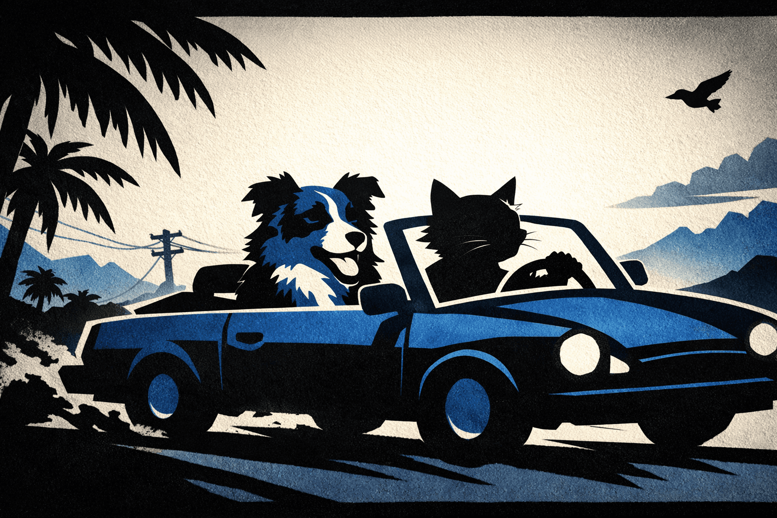 Art movement/medium: shadow puppet theatre aesthetic; Rendering technique: layered, flat, opaque silhouettes with crisp edges and subtle depth; Color palette scheme: monochromatic or duotone with high contrast, minimal saturation, and strong value shifts; Lighting mood + source: dramatic backlighting creating sharp, elongated shadows and strong rim light effects; Texture/material/surface: matte, slightly textured paper or fabric surface; Compositional approach: dynamic, multi-layered composition creating a sense of theatrical depth and narrative flow
Model: openai:gpt-image-1.5