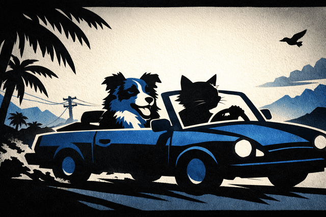 Art movement/medium: shadow puppet theatre aesthetic; Rendering technique: layered, flat, opaque silhouettes with crisp edges and subtle depth; Color palette scheme: monochromatic or duotone with high contrast, minimal saturation, and strong value shifts; Lighting mood + source: dramatic backlighting creating sharp, elongated shadows and strong rim light effects; Texture/material/surface: matte, slightly textured paper or fabric surface; Compositional approach: dynamic, multi-layered composition creating a sense of theatrical depth and narrative flow
Model: openai:gpt-image-1.5