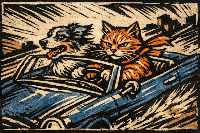 Art movement/medium: linocut printmaking aesthetic; Rendering technique: bold, carved lines with high-contrast ink application and visible tool marks; Color palette scheme: muted earth tones with stark black and white accents; Lighting mood + source: harsh, directional light creating strong chiaroscuro effects; Texture/material/surface: rough, fibrous paper texture with ink bleed and relief impressions; Compositional approach: dynamic, angular compositions with exaggerated perspectives and raw, emotional intensity; inspired by German Expressionist woodcuts and political poster art
Model: openai:gpt-image-1.5