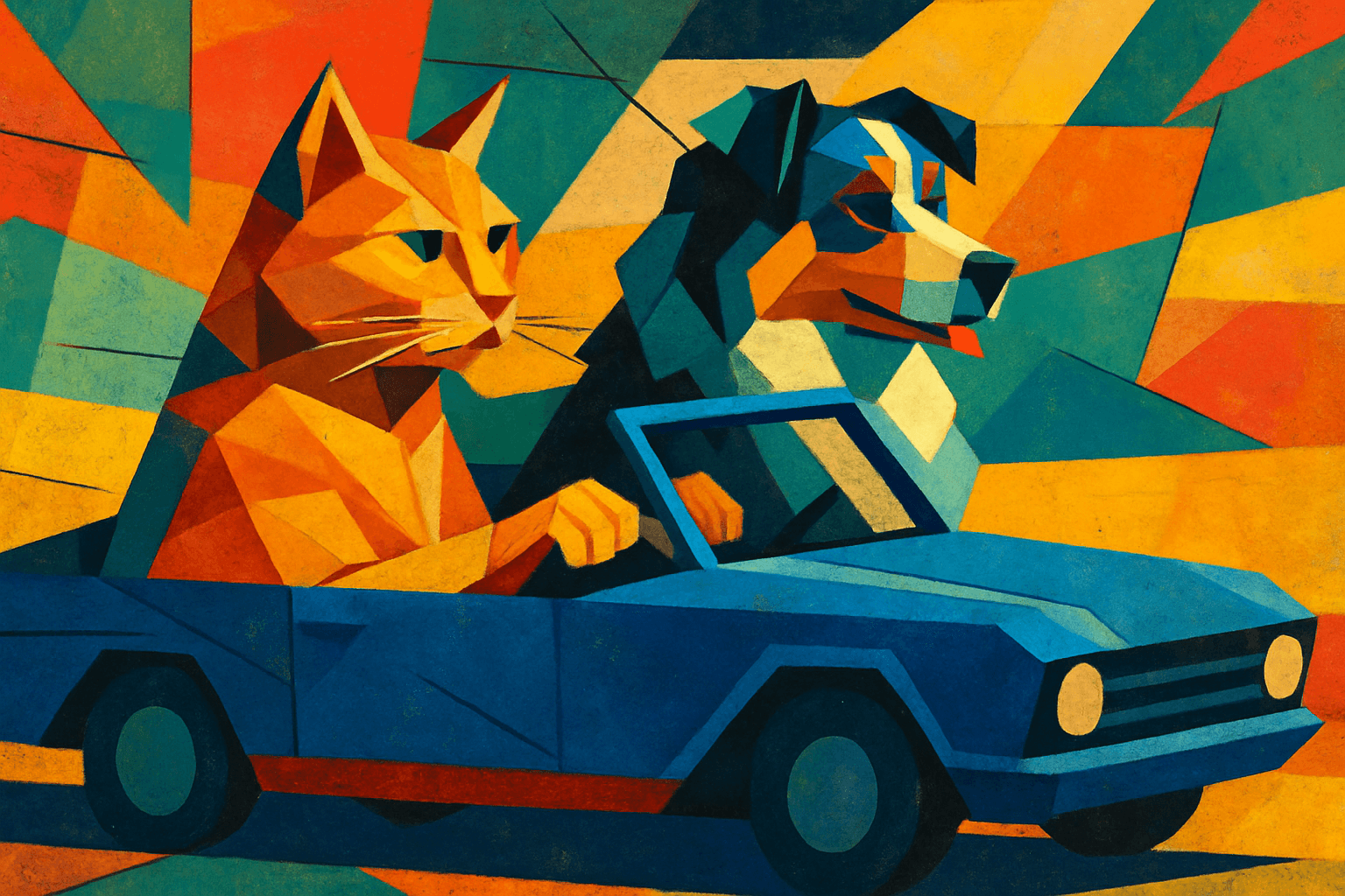 Geometric cubist fragmentation with bold intersecting planes; vibrant complementary color blocking; sharp angular contours and layered dimensional facets; dynamic high-contrast lighting with stark directional shadows; textured mixed-media surface integration; abstracted spatial relationships with multiple perspectives; inspired by synthetic cubism and contemporary digital collage techniques
Model: openai:gpt-image-1