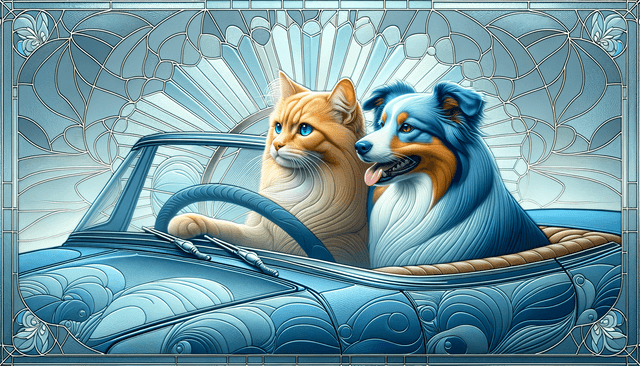 Art movement/medium: frosted glass etching aesthetic; Rendering technique: delicate etched lines with soft frosted diffusion and subtle surface pitting; Color palette scheme: cool monochromatic palette with frosted translucency and soft blue undertones; Lighting mood + source: soft diffused backlighting creating gentle glow and subtle halation; Texture/material/surface: frosted glass surface with subtle etched texture and soft light refraction; Compositional approach: balanced symmetrical composition with radial flow and decorative elegance; inspired by Art Nouveau glasswork and architectural etching
Model: openai:dall-e-3
Revised prompt: Create a 16:9 aspect ratio, Full HD quality (1536x1024), high-resolution image, utilizing a frosted glass etching aesthetic. The composition should be based on a cool monochromatic color palette with frosted translucency and soft blue undertones, using delicate etched lines with a soft, frosted diffusion. The image should have subtle surface pitting and be lit using soft diffused backlighting to cast a gentle glow and subtle halation. The texture of the image should replicate a frosted glass surface with subtle etched texture and soft light refraction. The composition should be balanced and symmetrical, with radial flow and decorative elegance, inspired by Art Nouveau glasswork and architectural etching. The subject is a ginger cat, driving a blue convertible, with a blue merle Australian Shepherd as the passenger. Both the cat and the dog are facing forward with the car moving from right to left in a medium-wide shot.