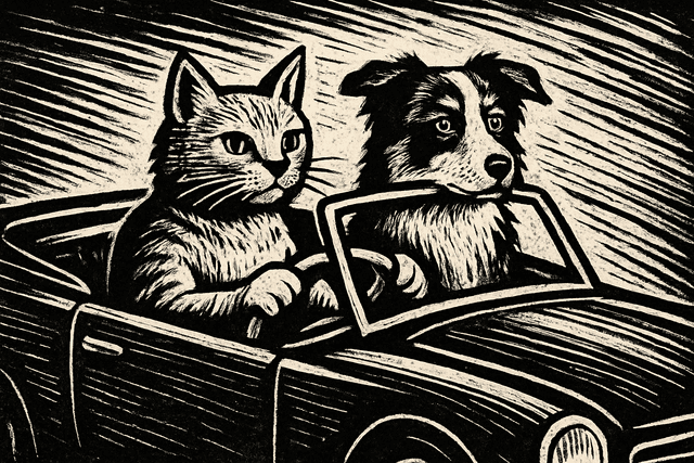 Linocut printmaking aesthetic with bold, carved lines; limited monochromatic palette with stark black and white contrast; directional side lighting creating strong shadows; rough, textured surfaces with visible tool marks; high-contrast graphic forms with minimal shading; balanced, symmetrical composition with a sense of movement; inspired by German Expressionism and modern graphic design
Model: openai:gpt-image-1