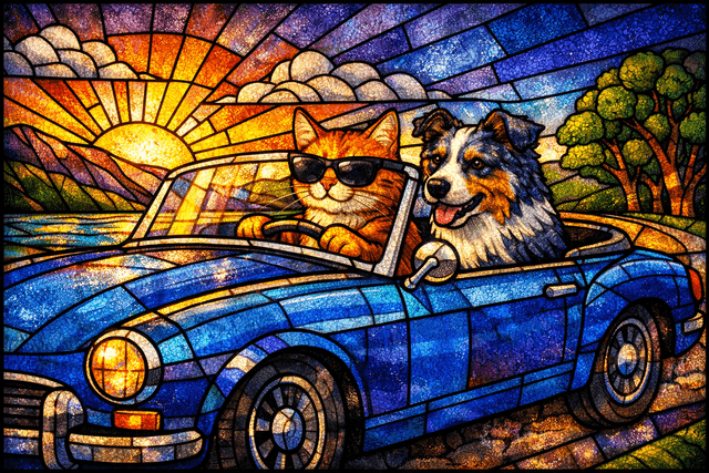 Stained glass mosaic aesthetic with leaded lines; vibrant jewel-toned palette with rich, deep colors; luminous backlighting creating glowing effects; textured glass surfaces and subtle imperfections; strong, graphic outlines and geometric segmentation; balanced, harmonious composition with intricate patterns; inspired by Art Nouveau and cathedral glass art
Model: openai:gpt-image-1.5