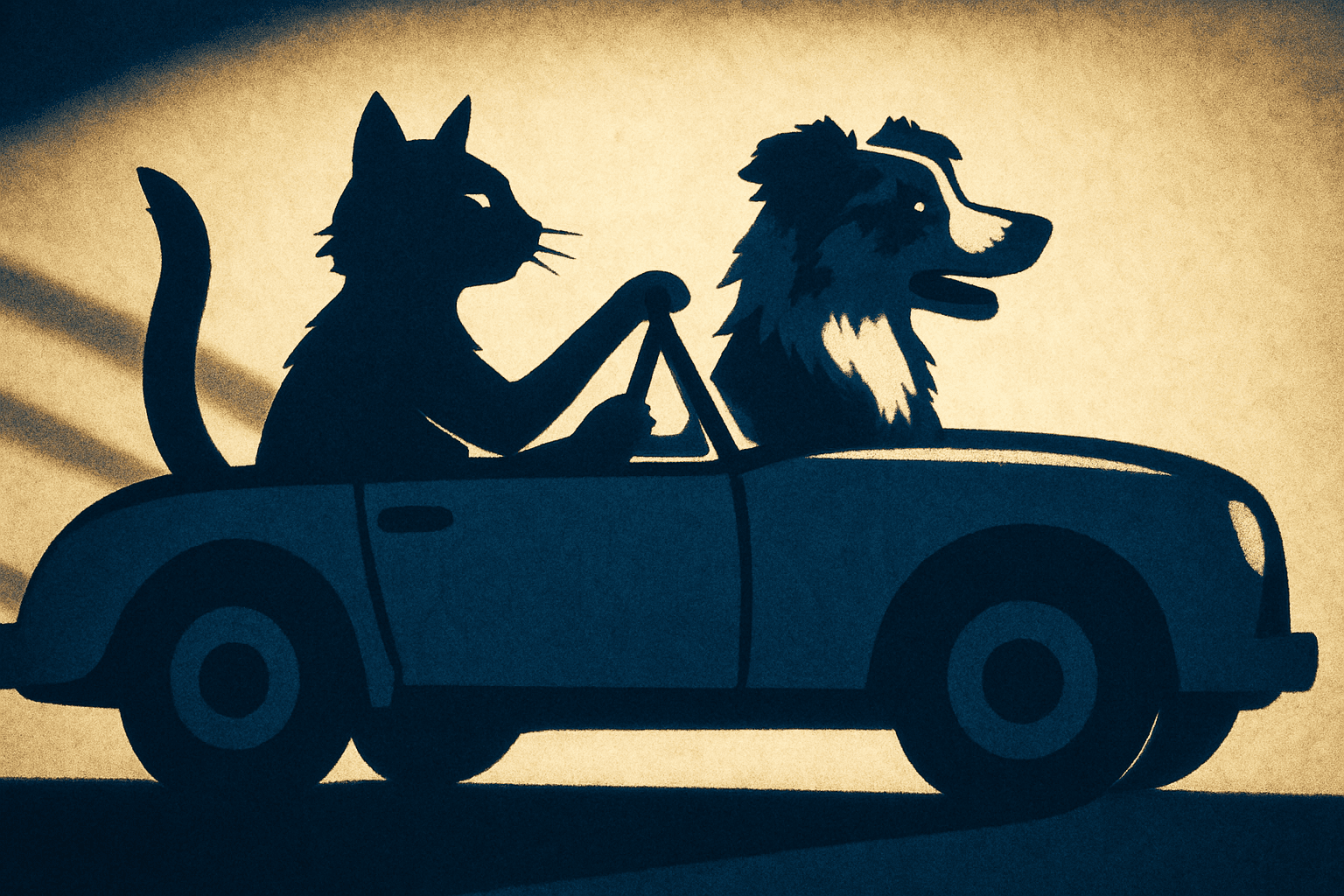 Art movement/medium: shadow puppet theatre aesthetic; Rendering technique: layered, flat, opaque silhouettes with crisp edges and subtle depth; Color palette scheme: monochromatic or duotone with high contrast, minimal saturation, and strong value shifts; Lighting mood + source: dramatic backlighting creating sharp, elongated shadows and strong rim light effects; Texture/material/surface: matte, slightly textured paper or fabric surface; Compositional approach: dynamic, multi-layered composition creating a sense of theatrical depth and narrative flow
Model: openai:gpt-image-1