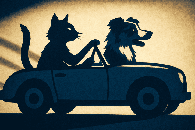 Art movement/medium: shadow puppet theatre aesthetic; Rendering technique: layered, flat, opaque silhouettes with crisp edges and subtle depth; Color palette scheme: monochromatic or duotone with high contrast, minimal saturation, and strong value shifts; Lighting mood + source: dramatic backlighting creating sharp, elongated shadows and strong rim light effects; Texture/material/surface: matte, slightly textured paper or fabric surface; Compositional approach: dynamic, multi-layered composition creating a sense of theatrical depth and narrative flow
Model: openai:gpt-image-1
