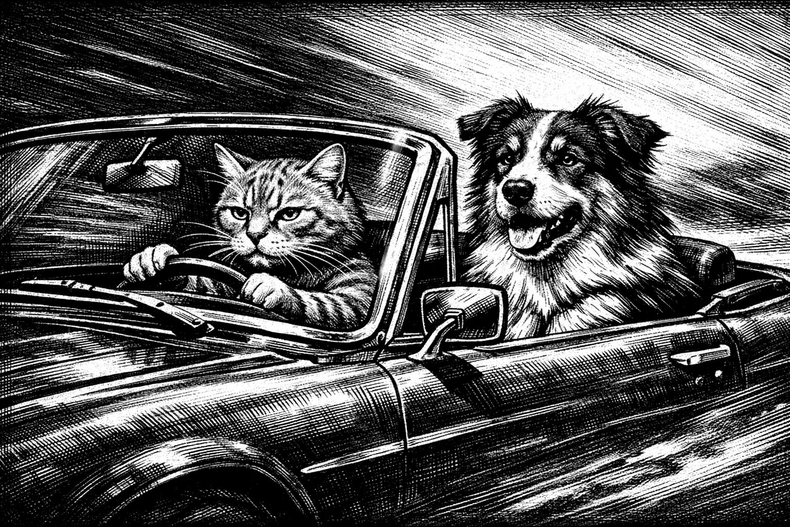 High-contrast monochromatic engraving style; deep blacks and crisp whites with subtle gray gradients; intricate cross-hatching and fine line detailing; dramatic spotlighting creating stark shadows; textured paper-like surface with visible grain; dynamic composition with strong diagonal movement; inspired by classical etching techniques and modern graphic novel aesthetics
Model: openai:gpt-image-1.5