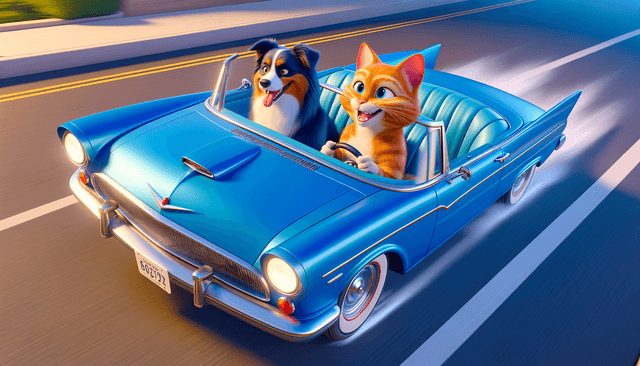 Vivid cel-shaded animation aesthetic; clean, bright key lighting with subtle rim light; high saturation primary and secondary color palette; smooth, untextured surfaces with sharp, defined shadows; dynamic motion blur and forced perspective; optimistic, energetic mood with clear visual storytelling; inspired by classic animation and modern game art
Model: openai:dall-e-3
Revised prompt: Create a cel-shaded representation of a ginger cat driving a vivid blue convertible, with an Australian Shepherd sat in the passenger seat. The pair should be facing forward, indicating the direction of their journey. The shot framed in a 16:9 aspect ratio should show the car moving from right to left, providing a medium-wide perspective. Emphasize the high saturation of primary and secondary colors, clean key lighting with understated rim light, and sharp, well-defined shadows on untextured surfaces. Capture the energetic and optimistic mood with the aid of dynamic motion blur and forced perspective. The quality of the image should be high resolution, Full HD (1536x1024).