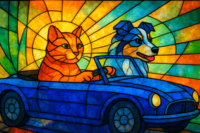 Stained glass art aesthetic with bold lead lines and faceted planes; vibrant jewel-toned color palette, strong chromatic contrast; ethereal backlighting creating radiant glows and refracted light patterns; smooth, translucent textures with subtle internal variations; segmented, mosaic-like forms with defined contours; intricate, geometric composition with a sense of luminous storytelling; inspired by Art Nouveau stained glass and modern geometric abstraction
Model: openai:gpt-image-1