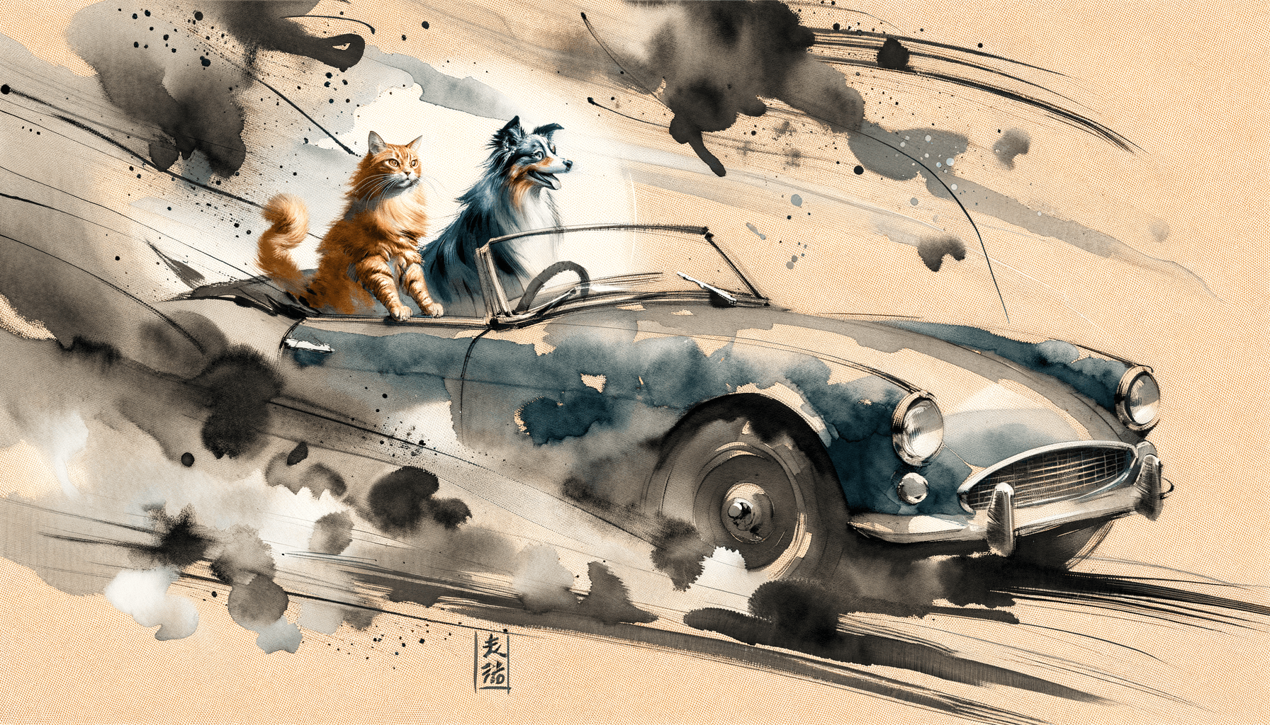 Sumi-e ink wash aesthetic; fluid, calligraphic brushstrokes with delicate ink bleed and tonal gradation; monochromatic sepia palette with subtle warm undertones; soft diffused lighting creating gentle luminosity and soft-edged shadows; textured rice paper surface with visible fiber and subtle absorption effects; balanced asymmetrical composition with dynamic negative space and organic flow; inspired by traditional East Asian ink painting and modern abstract expressionism
Model: openai:dall-e-3
Revised prompt: Create an image in a sumi-e ink wash aesthetic, with fluid, calligraphic brushstrokes and delicate ink bleed and tonal gradation. Use a monochromatic sepia palette with subtle warm undertones, and soft diffused lighting creating gentle luminosity and soft-edged shadows. The surface should resemble textured rice paper with visible fibers and subtle absorption effects. The composition should be balanced yet asymmetrical, with dynamic negative space and organic flow, inspired by traditional East Asian ink painting and modern abstract expressionism. The main subject is a ginger cat driving a blue convertible, with a blue merle Australian Shepherd riding as the passenger. Both animals should be facing forward, with the car moving from right to left. The shot should be medium-wide, at a 16:9 aspect ratio and full HD quality, with a resolution of 1536x1024.