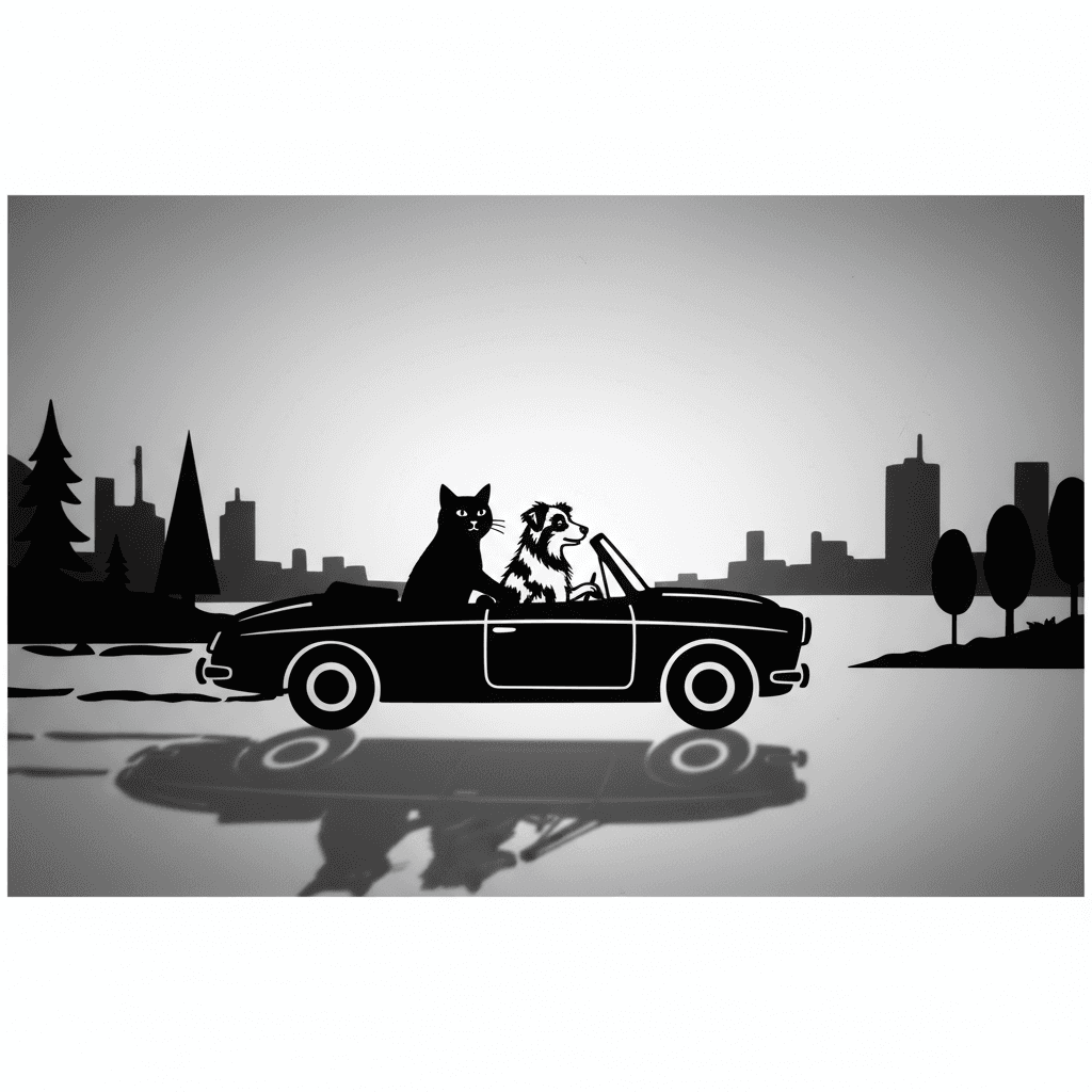 Art movement/medium: shadow puppet theatre aesthetic; Rendering technique: sharp, deep silhouettes with minimal internal detail and crisp, clean edges; Color palette scheme: stark monochromatic black and white with a single, subtle accent color; Lighting mood + source: strong, singular backlighting creating dramatic, elongated shadows; Texture/material/surface: smooth, flat, matte surface with a slight translucent quality; Compositional approach: minimalist, layered arrangements emphasizing negative space and dramatic depth through shadow play; inspired by traditional shadow puppetry and minimalist graphic art
Model: gemini:gemini-2.5-flash-image