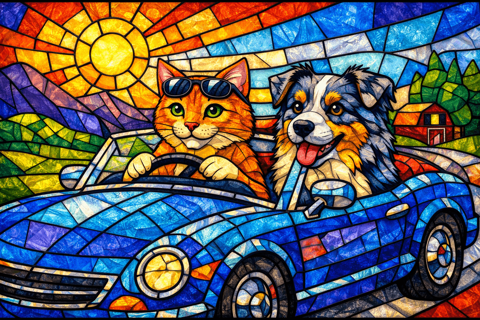 Stained-glass mosaic aesthetic; art movement/medium: stained-glass mosaic; rendering technique: bold leaded outlines with segmented flat color panes; color palette scheme: jewel-tone spectrum with saturated complementary accents; lighting mood + source: strong transmitted light producing internal luminosity; texture/material/surface: faceted glass sheen with subtle bevel highlights; compositional approach: geometric rhythm and balanced tessellation
Model: openai:gpt-image-1.5