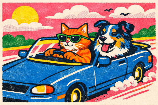 Risograph printmaking aesthetic with layered halftone textures; vibrant spot-color palette with bold chromatic contrast; flat, even lighting with subtle grain; rough, organic textures with visible ink bleed; high-contrast graphic forms with minimal shading; balanced, zine-inspired composition with a sense of handmade craft; inspired by DIY zine culture and contemporary graphic illustration
Model: openai:gpt-image-1.5