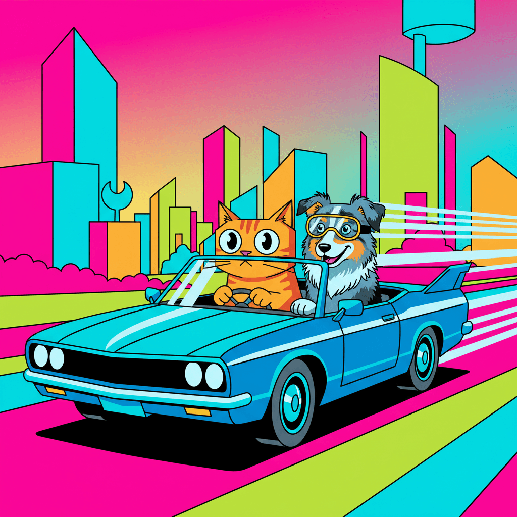 Surreal pop-art aesthetic with bold graphic outlines; vibrant complementary color blocking; high-contrast flat lighting with minimal shading; smooth, glossy surfaces and sharp geometric forms; exaggerated perspective with forced depth; dynamic, energetic composition with playful asymmetry; inspired by retro-futurism and contemporary digital illustration
Model: gemini:gemini-2.5-flash-image