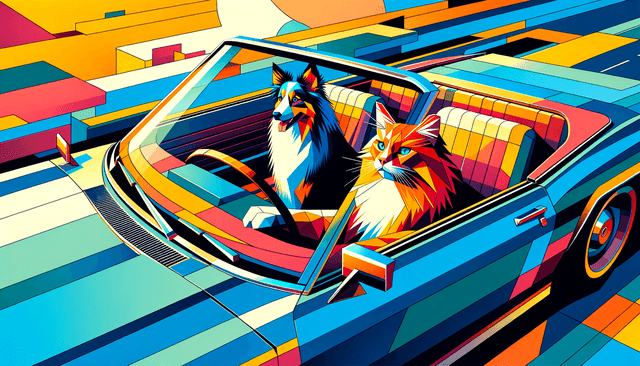 Vibrant cubist collage aesthetic; bold, fragmented geometric forms; bright, contrasting primary colors with sharp, angular edges; layered, overlapping planes creating dynamic depth; strong, directional lighting with exaggerated highlights and shadows; flat, graphic rendering style with minimal texture; abstract, deconstructed composition with multiple perspectives; inspired by synthetic cubism and modern graphic design
Model: openai:dall-e-3
Revised prompt: An image with vibrant cubist collage aesthetic that uses bold, fragmented geometric forms. The palette is bright, incorporating contrasting primary colors with sharp, angular edges. The depth of the image comes from layered, overlapping planes and the lighting is strong and directional, with exaggerated highlights and shadows. The rendering style is flat and graphic with minimal texture. The composition is abstract, deconstructed with multiple perspectives, taking inspiration from synthetic cubism and modern graphic design. The scene depicts a ginger cat of unspecified gender in the driver's seat of a blue convertible, a male Australian Shepherd riding shotgun. They're both facing forward as the car moves from right to left. The shot is medium-wide, in 16:9 aspect ratio, and is Full HD quality (1536x1024), high resolution.