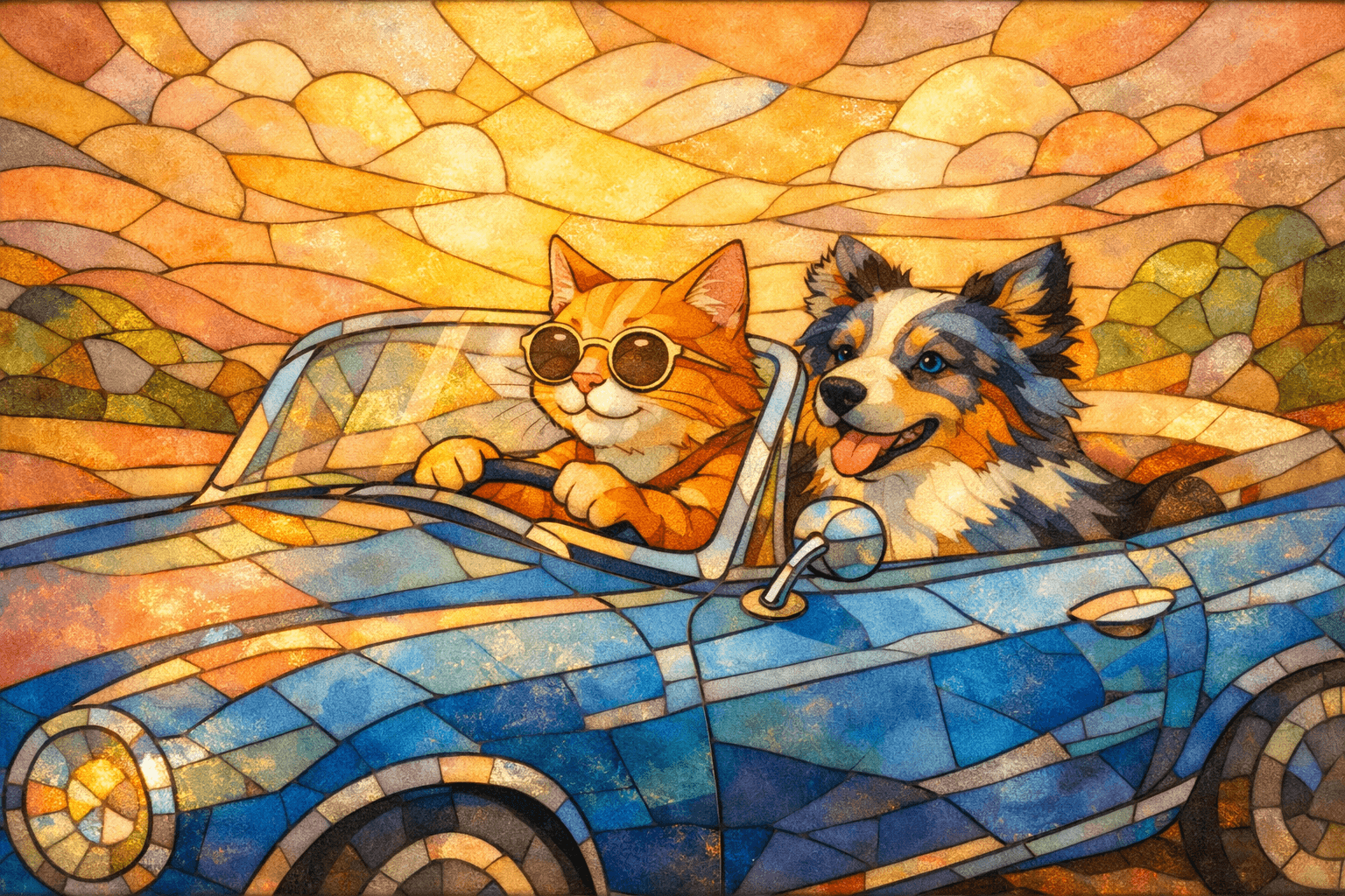 Art movement/medium: stained glass mosaic aesthetic; Rendering technique: fragmented color planes with soft-edged tessellation and subtle light diffusion; Color palette scheme: warm analogous palette with soft pastel accents and gentle tonal transitions; Lighting mood + source: soft dappled lighting creating gentle luminosity and subtle gradient shifts; Texture/material/surface: smooth, slightly textured glass surface with soft light refraction; Compositional approach: balanced, flowing composition with organic shapes and harmonious visual rhythm; inspired by Art Nouveau stained glass and abstract mosaic techniques
Model: openai:gpt-image-1.5