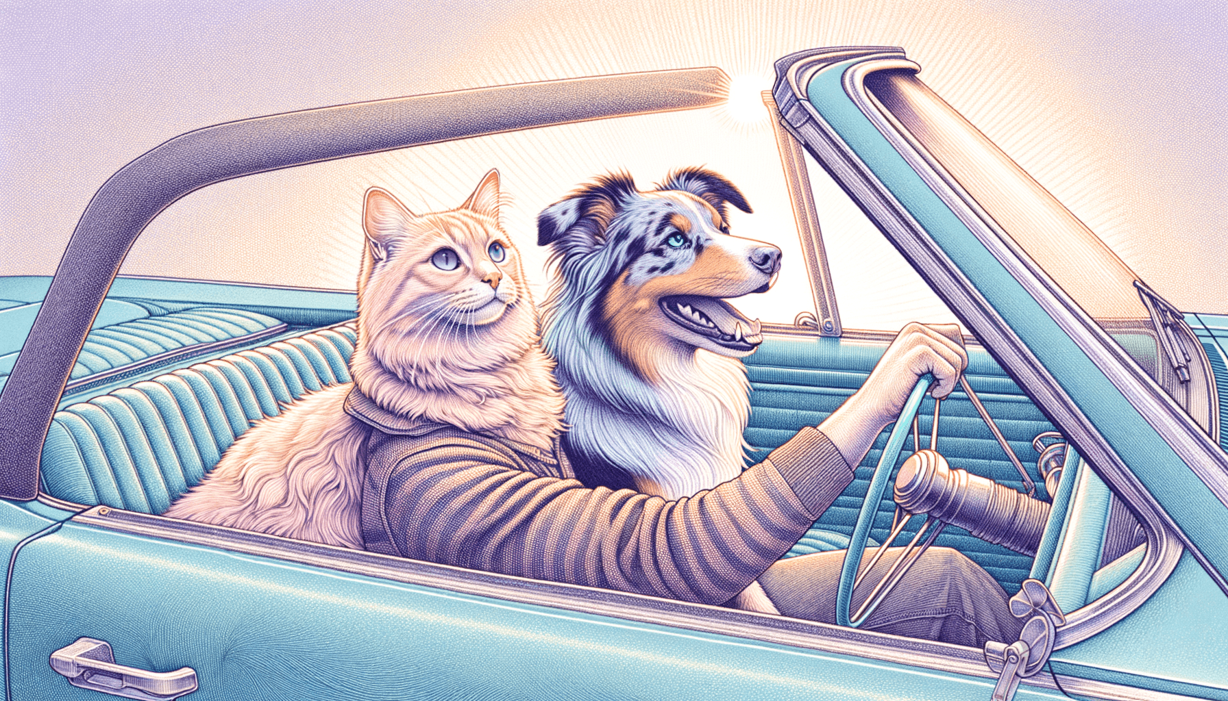 Delicate engraving aesthetic with soft pastel hues; muted analogous color palette with gentle lavender and mint accents; soft diffused ambient lighting creating a dreamy atmosphere; fine, intricate linework with subtle cross-hatching textures; flat, layered composition with a sense of depth and tranquility; inspired by classical engraving techniques and contemporary pastel illustration
Model: openai:dall-e-3
Revised prompt: Create a 16:9 aspect ratio Full HD quality image (1536x1024) with high resolution. The illustration should utilize a delicate engraving aesthetic combined with soft pastel hues, particularly lavender and mint. The light should be gently diffused throughout, contributing to a dreamy atmosphere. Craft the image with intricate lines and some subtle cross-hatching textures for added depth and tranquility. Drawing inspiration from classical engraving techniques along with contemporary pastel illustration would be ideal. The piece should be a medium-wide shot, displaying a ginger cat, at the wheel of a blue convertible, with a blue merle Australian Shepherd seated next to it as the passenger. They should both be facing forward, with the car moving from the right towards the left.