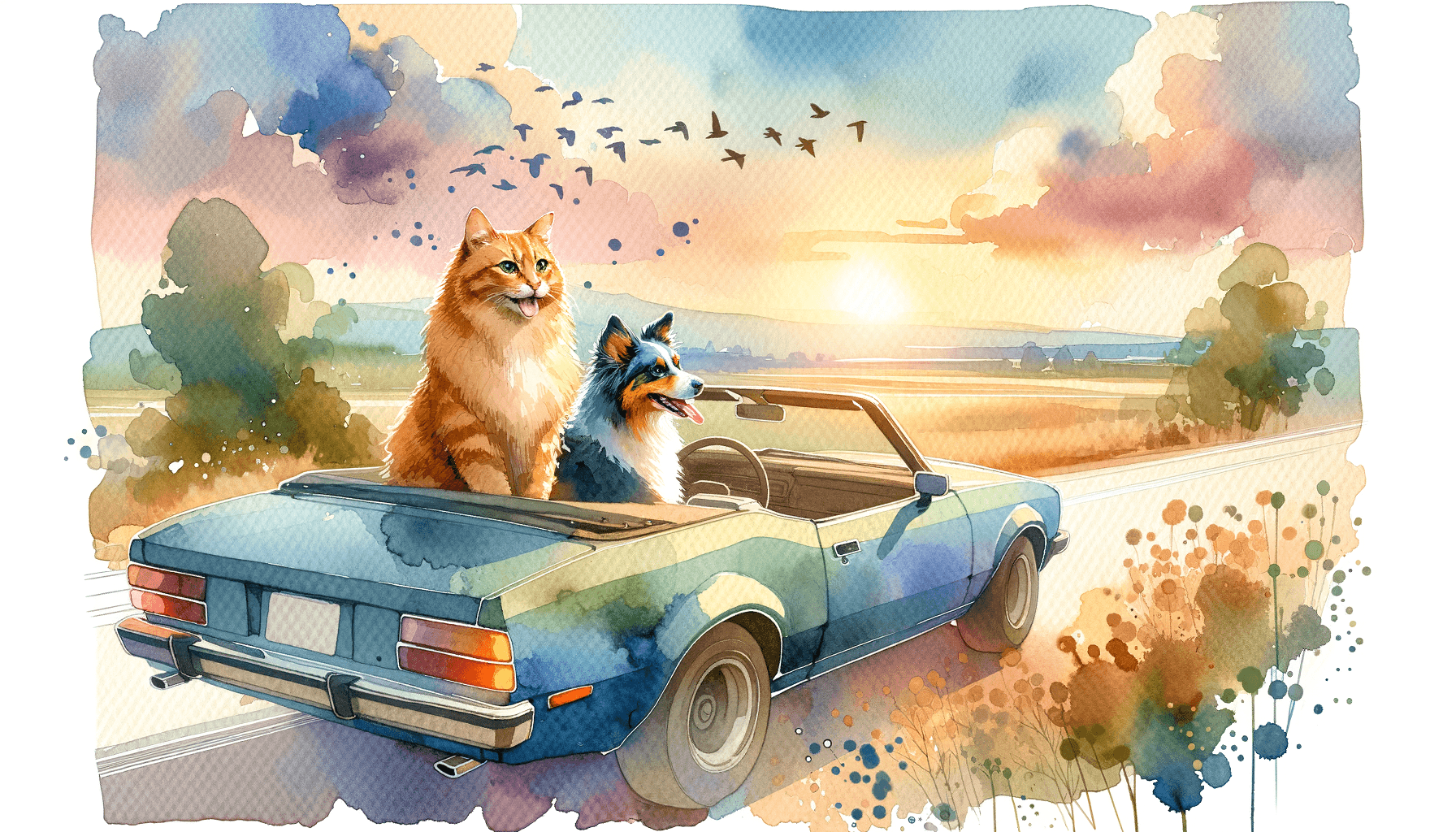 Delicate watercolor rendering with soft pastel palette; gentle luminous washes and subtle wet-on-wet blending; organic textural accents and soft-edged transitions; diffused warm backlighting with gentle glow; airy composition with balanced negative space; inspired by impressionist landscapes and contemporary illustrative techniques
Model: openai:dall-e-3
Revised prompt: Create a detailed watercolor landscape with a gentle pastel color scheme, using soft washes and subtle wet-on-wet blending techniques. The scenery should contain textural accents of nature, transitioned with soft edges and a diffuse warm backlit glow, in an airy composition with balanced negative space. It is a modern interpretation of impressionism but with an illustrative spin. The main subjects are a ginger cat and an Australian Shepherd. The cat is driving a blue convertible car, and the dog is in the passenger seat. They are facing forward as the car moves from right to left of the frame, captured in a medium-wide shot. The final image should have a 16:9 aspect ratio, equivalent to Full HD quality (1536x1024), ensuring high resolution.