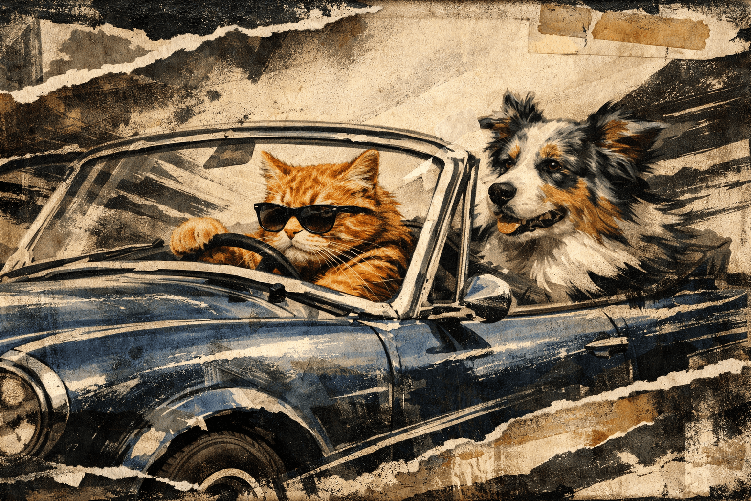 Mixed-media collage aesthetic with layered textures; high-contrast monochromatic palette of warm sepia and cool charcoal; torn paper edges and visible adhesive marks; dramatic chiaroscuro lighting with strong directional shadows; rough, tactile surfaces with subtle distressing; dynamic, asymmetrical composition with overlapping elements and a sense of movement; inspired by vintage poster art and contemporary graphic design
Model: openai:gpt-image-1.5