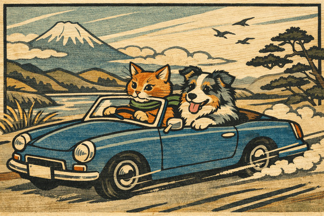 Art movement/medium: ukiyo-e woodblock print aesthetic; Rendering technique: bold, carved outlines with flat color planes and visible wood grain texture; Color palette scheme: muted earth-tone palette with selective high-contrast accents; Lighting mood + source: soft, even ambient light with minimal directional shading; Texture/material/surface: matte, textured wood surface with visible printmaking marks and subtle ink bleed; Compositional approach: layered, asymmetrical composition with strong diagonal flow and visual rhythm; inspired by traditional Japanese printmaking and modern graphic art
Model: openai:gpt-image-1.5
