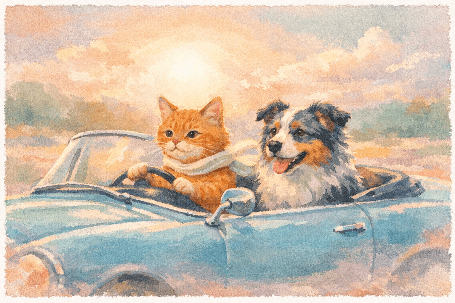 Gouache and soft pastel illustration; wet-on-wet brushwork with visible strokes and soft edge blooms; pastel complementary palette of warm peach, cool lavender, dusty mint and cream; soft diffuse backlit glow creating gentle halos; velvety paper surface with subtle pigment bloom and light deckle; centered layered radial composition with calm balance
Model: openai:gpt-image-1.5