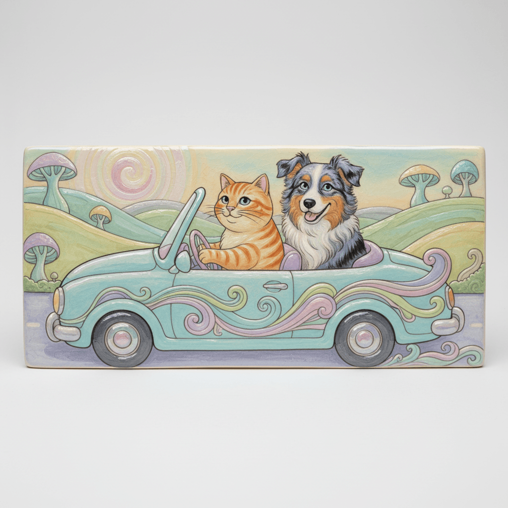 Art movement/medium: ceramic glaze painting aesthetic; Rendering technique: smooth, glossy surfaces with subtle imperfections and flowing, organic lines; Color palette scheme: whimsical analogous pastels with iridescent highlights; Lighting mood + source: soft, ambient light creating gentle reflections and a luminous glow; Texture/material/surface: polished, reflective ceramic surface with crackle glaze details; Compositional approach: playful, organic arrangements with a sense of fluid movement and balanced asymmetry; inspired by artisanal pottery and contemporary illustration
Model: gemini:gemini-2.5-flash-image