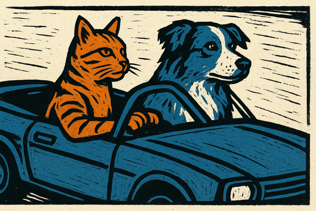 Linocut graphic print aesthetic; carving-like bold contours and flat color planes with crisp positive/negative shapes; relief-print rendering with slight misregistration and visible carving marks; limited duotone palette with a single accent and bold complementary contrast; lighting mood: hard studio key light producing stark silhouettes and crisp cast shadows; matte paper grain surface with tactile cut edges; strong graphic balance with rhythmic negative space; printmaking influence
Model: openai:gpt-image-1-mini