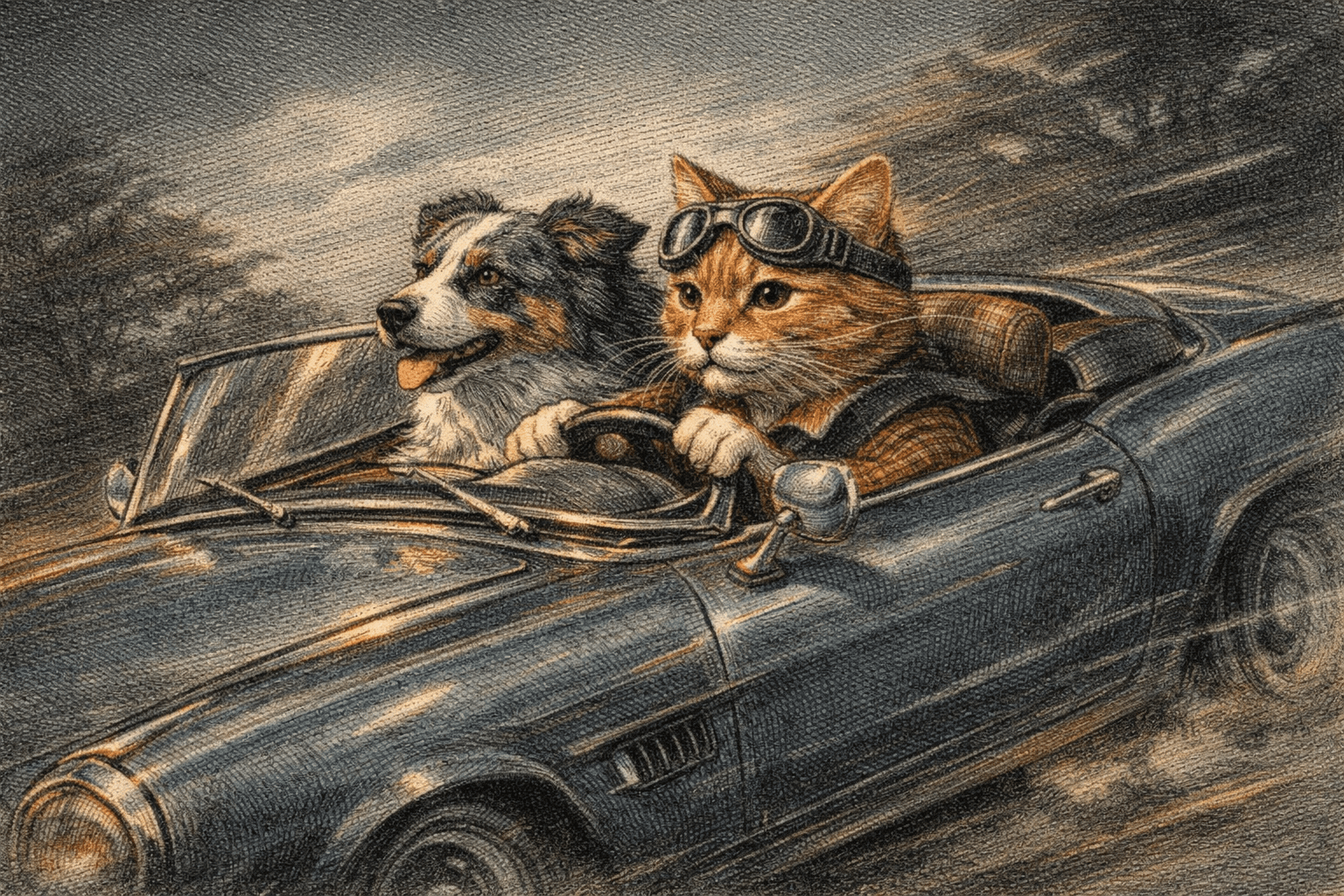 Art movement/medium: etching and mezzotint engraving influence; Rendering technique: refined linework with cross-hatching and soft tonal washes; Color palette: muted cool greys with warm copper accents; Lighting mood+source: low-key directional rim light with soft ambient fill; Texture/surface: fine paper grain with subtle metallic sheen; Compositional approach: diagonal dynamic layout with layered depth and clear focal hierarchy
Model: openai:gpt-image-1.5