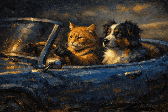 Low-key chiaroscuro mood with dramatic side lighting; cool complementary palette (deep indigo vs muted amber); tactile oil-paint rendering with visible brushwork and impasto highlights; shallow depth-of-field with softened bokeh edges; cinematic telephoto framing; restrained contrast with rich midtones; handcrafted painterly realism
Model: openai:gpt-image-1.5