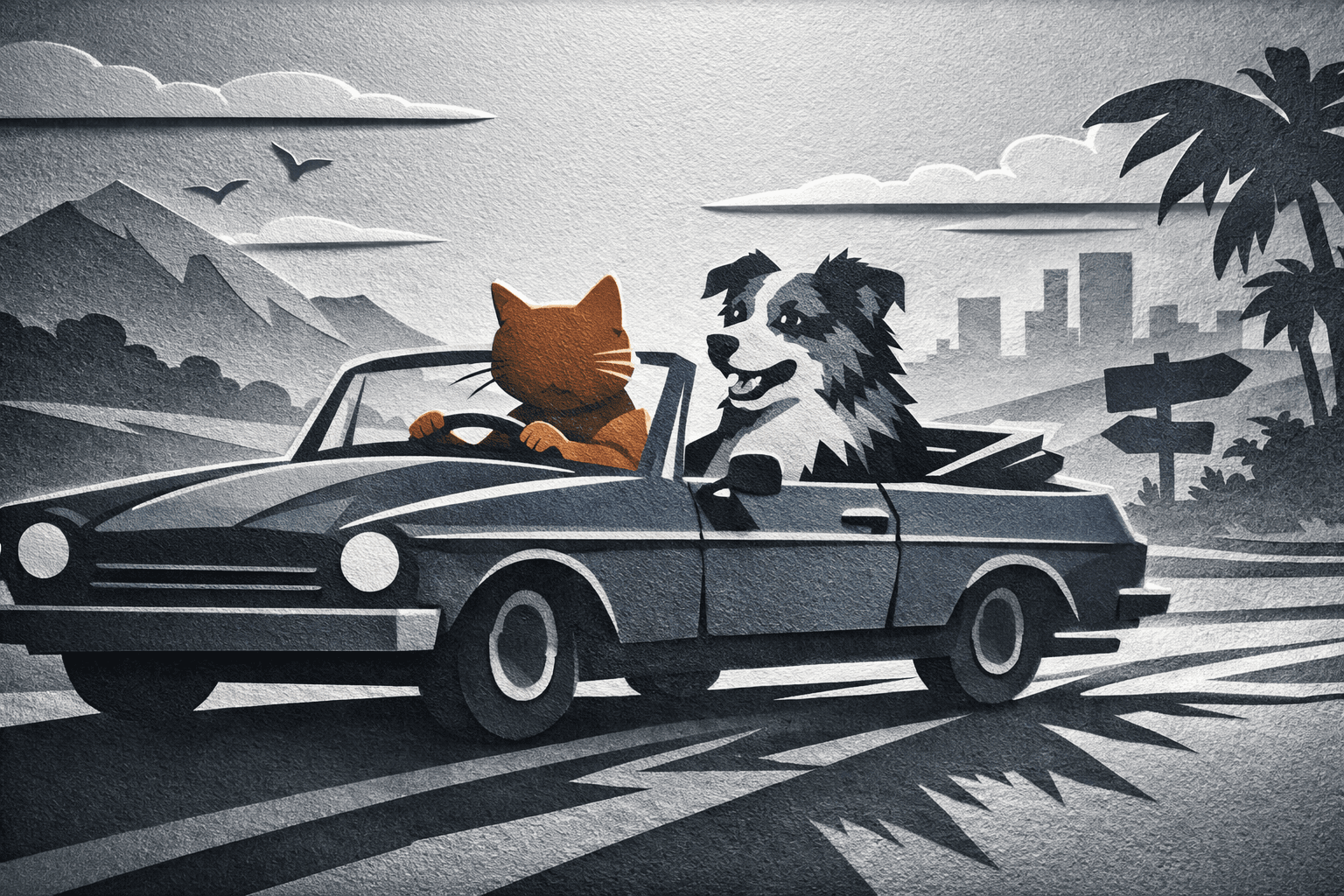 Papercut shadow play aesthetic; rendering with crisp, clean edges and layered cut-out shapes creating depth; monochromatic cool grey scale with subtle tonal variations and strong contrast; dramatic directional backlighting producing sharp, elongated shadows and luminous outlines; matte, textured paper surface with visible fiber and slight raised relief; dynamic, layered composition with a focus on silhouette storytelling and visual tension; inspired by traditional shadow puppetry and graphic design principles
Model: openai:gpt-image-1.5