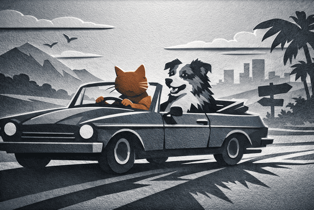 Papercut shadow play aesthetic; rendering with crisp, clean edges and layered cut-out shapes creating depth; monochromatic cool grey scale with subtle tonal variations and strong contrast; dramatic directional backlighting producing sharp, elongated shadows and luminous outlines; matte, textured paper surface with visible fiber and slight raised relief; dynamic, layered composition with a focus on silhouette storytelling and visual tension; inspired by traditional shadow puppetry and graphic design principles
Model: openai:gpt-image-1.5