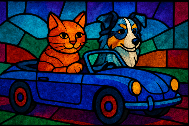 Art movement/medium: stained glass aesthetic; Rendering technique: vibrant, translucent color panes with thick, dark lead lines; Color palette scheme: jewel-toned, complementary palette with high saturation and strong contrast; Lighting mood + source: luminous backlighting creating glowing effects and minimal shadows; Texture/material/surface: polished, reflective glass surface with subtle imperfections; Compositional approach: geometric, segmented layout with strong visual rhythm and abstract forms
Model: openai:gpt-image-1
