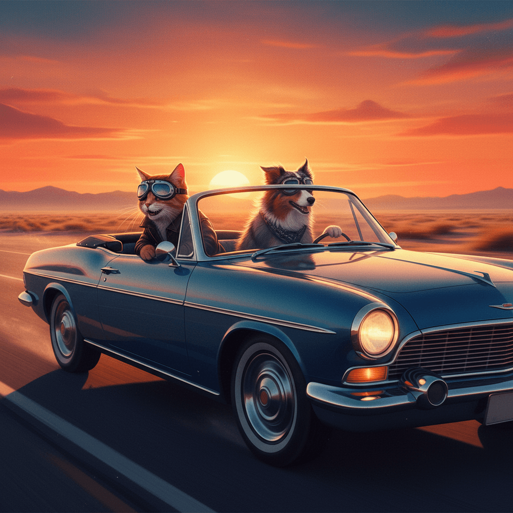 Sunset chrome symphony: directional, high-contrast lighting; warm-to-cool duotone gradient; crisp digital rendering with edge fidelity; subtle motion blur in background; volumetric haze and reflective surfaces; cinematic framing with camera-aware perspective; painterly yet precise strokes; filmic grain and color grading influenced by digital concept art
Model: gemini:gemini-2.5-flash-image