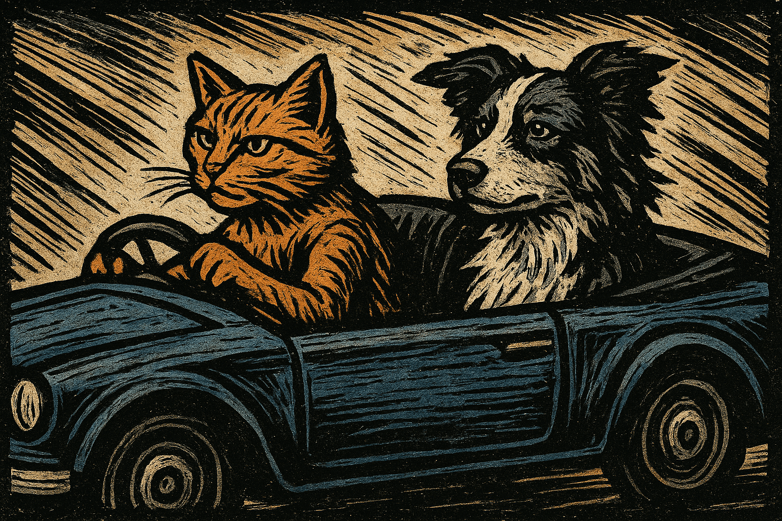 Art movement/medium: linocut printmaking aesthetic; Rendering technique: bold, carved lines with high-contrast ink application and visible tool marks; Color palette scheme: muted earth tones with stark black and white accents; Lighting mood + source: harsh, directional light creating strong chiaroscuro effects; Texture/material/surface: rough, fibrous paper texture with ink bleed and relief impressions; Compositional approach: dynamic, angular compositions with exaggerated perspectives and raw, emotional intensity; inspired by German Expressionist woodcuts and political poster art
Model: openai:gpt-image-1-mini