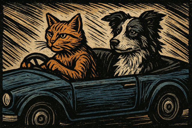 Art movement/medium: linocut printmaking aesthetic; Rendering technique: bold, carved lines with high-contrast ink application and visible tool marks; Color palette scheme: muted earth tones with stark black and white accents; Lighting mood + source: harsh, directional light creating strong chiaroscuro effects; Texture/material/surface: rough, fibrous paper texture with ink bleed and relief impressions; Compositional approach: dynamic, angular compositions with exaggerated perspectives and raw, emotional intensity; inspired by German Expressionist woodcuts and political poster art
Model: openai:gpt-image-1-mini