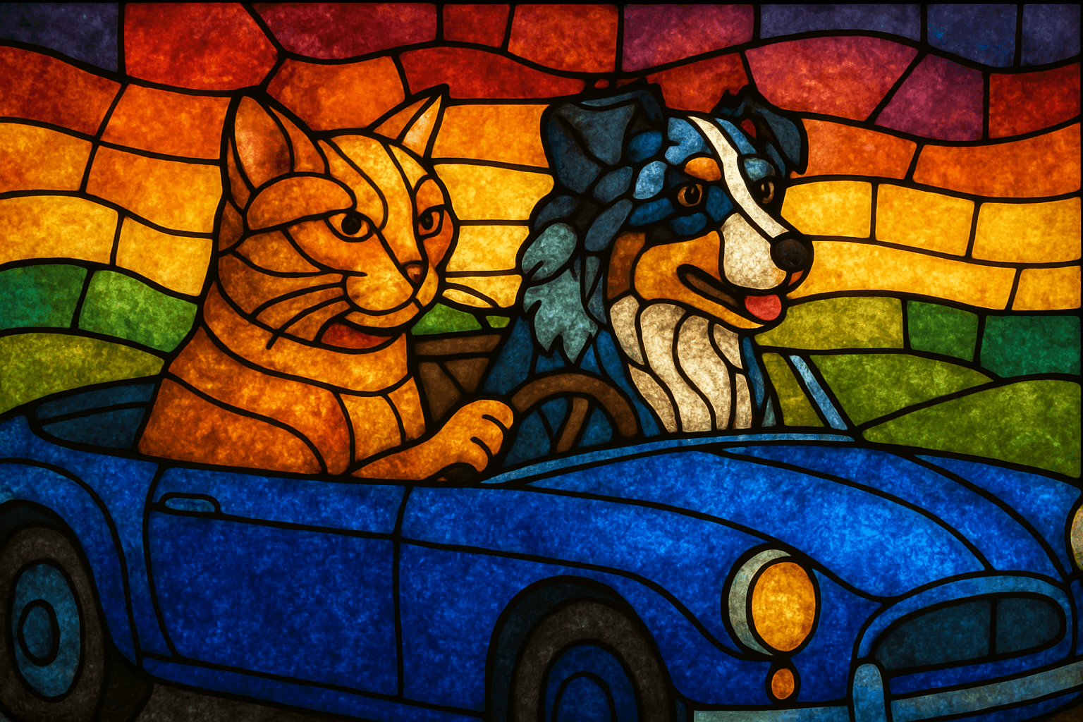 Stained glass mosaic aesthetic with leaded lines; vibrant jewel-toned palette with rich, deep colors; luminous backlighting creating glowing effects; textured glass surfaces and subtle imperfections; strong, graphic outlines and geometric segmentation; balanced, harmonious composition with intricate patterns; inspired by Art Nouveau and cathedral glass art
Model: openai:gpt-image-1