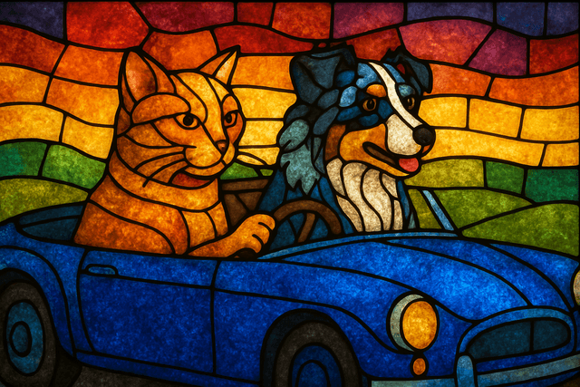 Stained glass mosaic aesthetic with leaded lines; vibrant jewel-toned palette with rich, deep colors; luminous backlighting creating glowing effects; textured glass surfaces and subtle imperfections; strong, graphic outlines and geometric segmentation; balanced, harmonious composition with intricate patterns; inspired by Art Nouveau and cathedral glass art
Model: openai:gpt-image-1